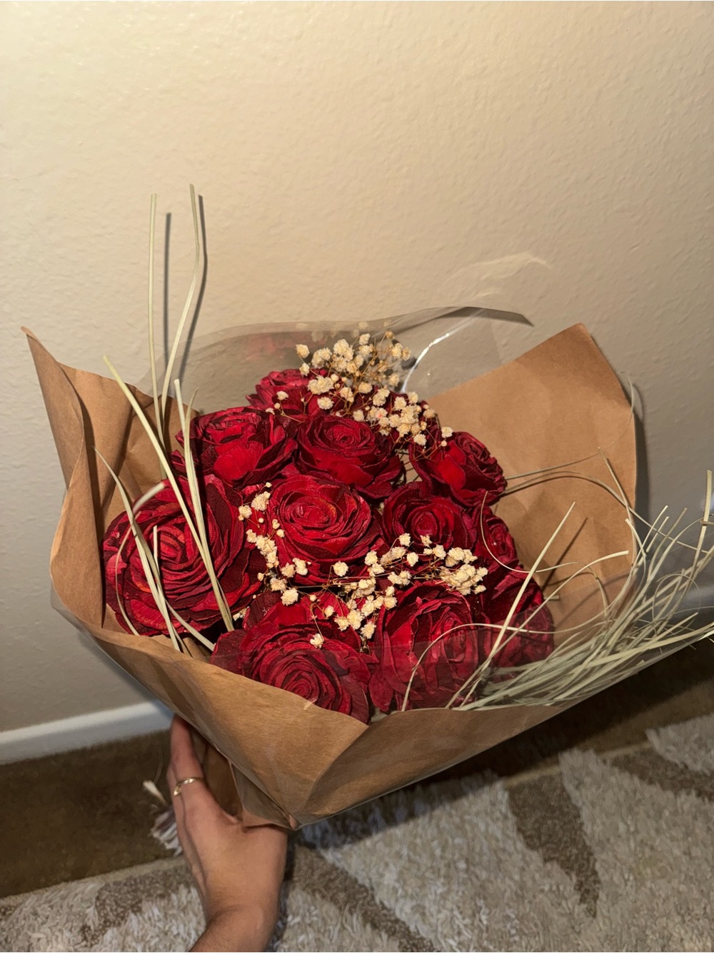 Wooden Red Rose Bouquet with Baby’s Breath Floral Arrangement